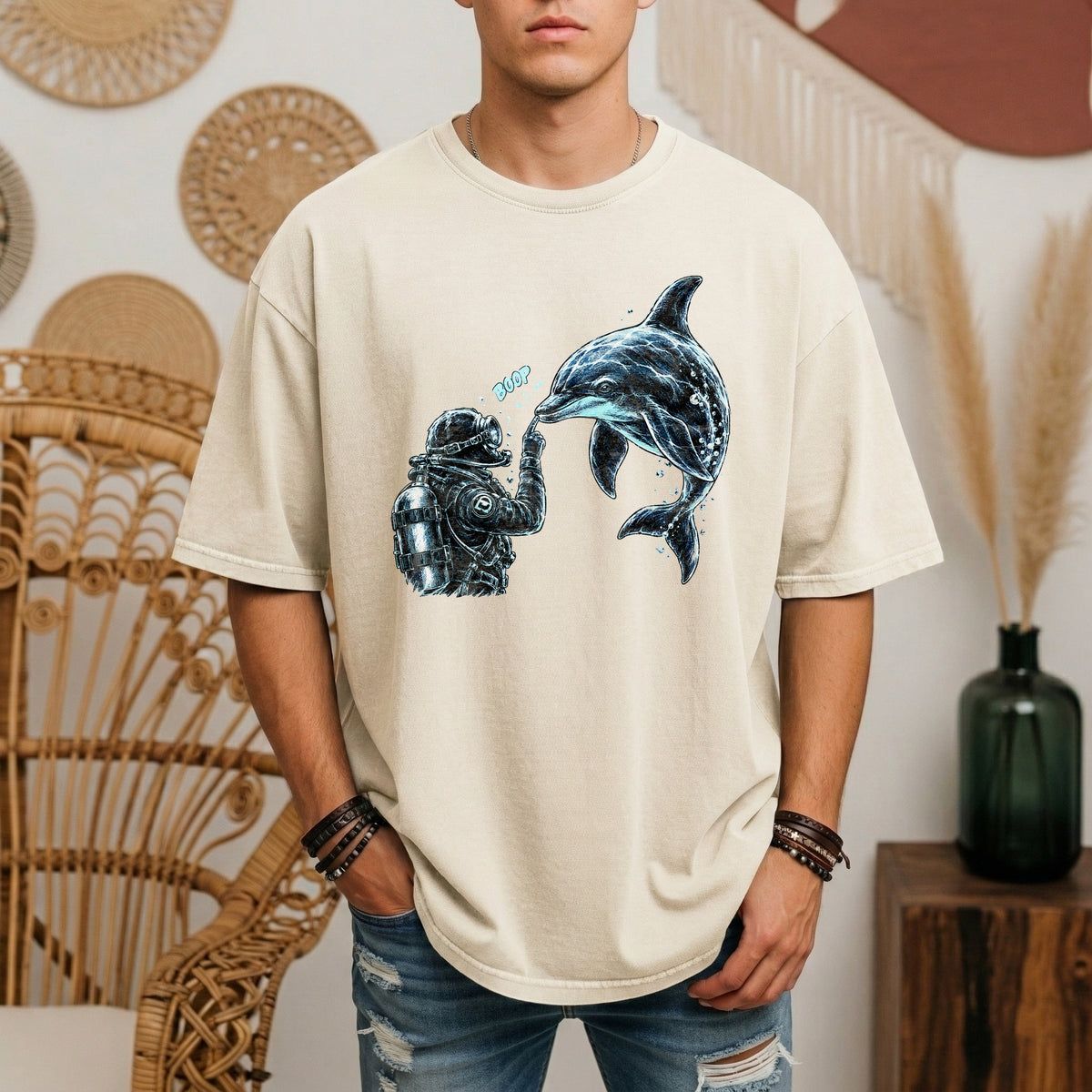 Scuba Diver Dolphin Shirt, Vintage Ocean Graphic Tee, Deep Sea Diver Gift, Cute Marine Life Apparel, Scuba Diving Lover Top | Comfort Col...